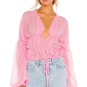 Pink Ruched Tie Front Blouse with Bishop Sleeves